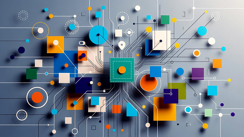 Colorful geometric shapes connected by fine lines around a central square on a gray background