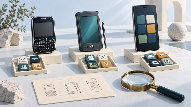 Three unbranded phone and handheld silhouettes on separate platforms, with application tiles and an identification card.