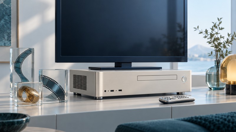 A horizontal ivory media PC sits beneath a television beside a remote and glass tiles containing film strips.