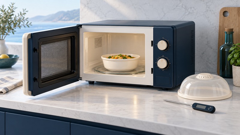 An open navy microwave with a covered-dish lid and food thermometer resting outside it.