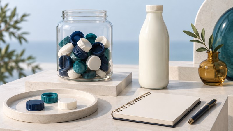 A clear jar of milk-bottle caps beside a plain bottle, tray and blank tally notebook.
