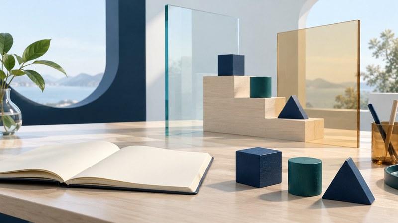 An open notebook and wooden shapes arranged beside steps and clear glass panels.