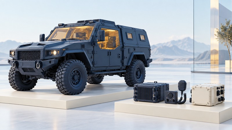 A conceptual unarmed protected utility vehicle on a plinth beside separate radio, intercom, and power equipment.