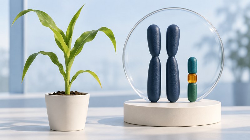 A maize seedling stands beside two long navy chromosome models and a smaller teal and amber model.