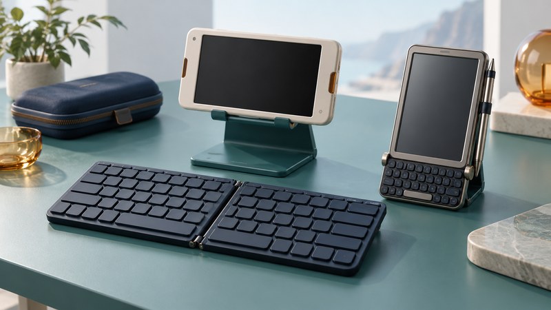 A folding keyboard and tablet stand sit beside a classic handheld with a thumb keyboard.