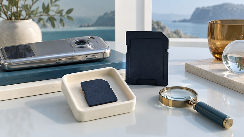 A small broad memory card lies beside a full-size adapter, magnifier and older camera phone.