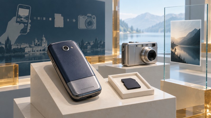 Conceptual display of an early camera phone, removable memory card, compact camera and photograph.