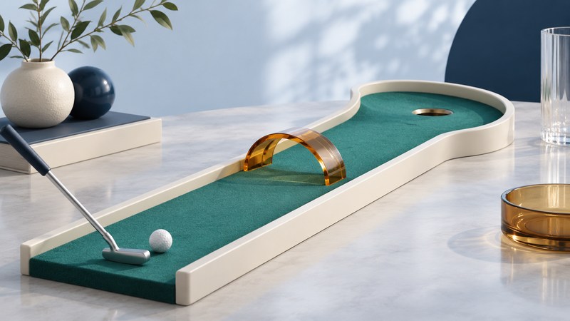 A tabletop miniature-golf lane curves toward a cup, with a putter, ball and amber arch.