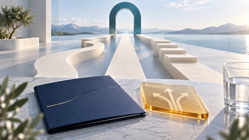Three architectural pathways leading to a teal arch beside a consultation folder.