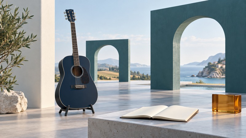 Navy acoustic guitar and blank open notebook beside two teal architectural doorways.