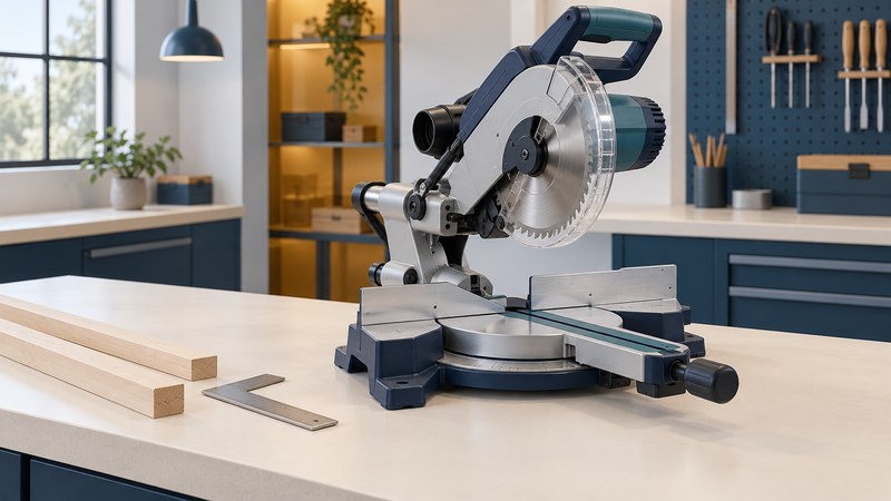 An idle teal and navy compound miter saw with a transparent blade guard, separate wood offcuts and a square.