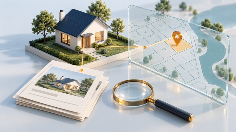 A model house stands beside property cards, a glass parcel map and a magnifying glass.