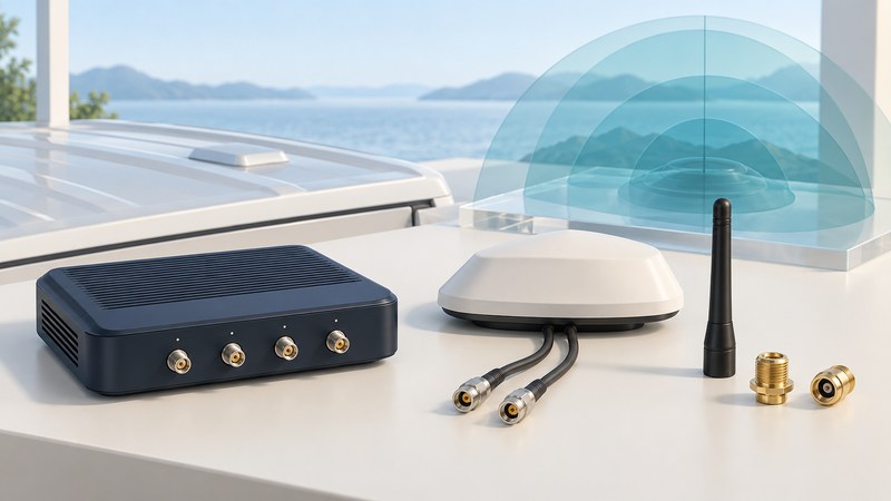 A navy router with four coax ports beside a separate vehicle antenna, its two cables, a whip antenna, and connector samples.