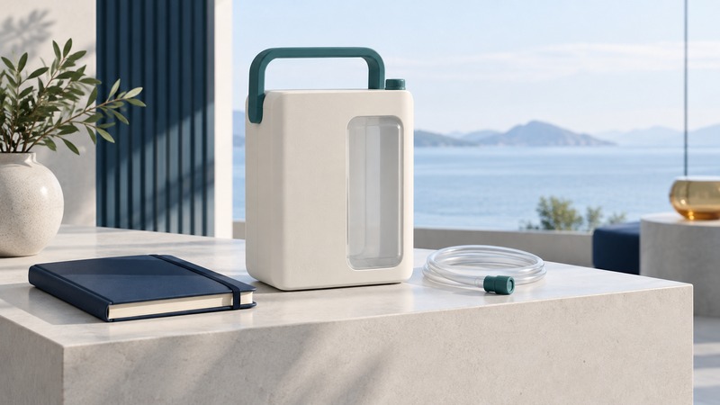 A conceptual portable drainage canister beside a separate capped tube and a care notebook.