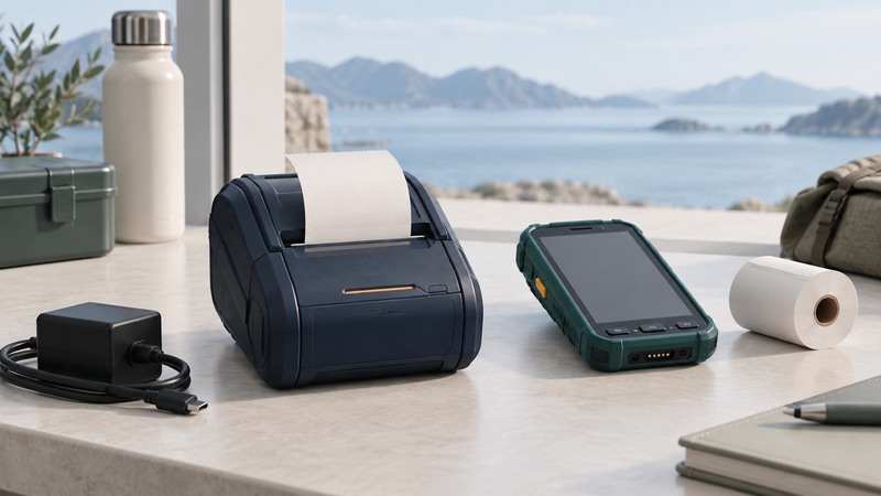 A navy portable printer feeds a blank receipt beside a handheld device, paper roll and charger.