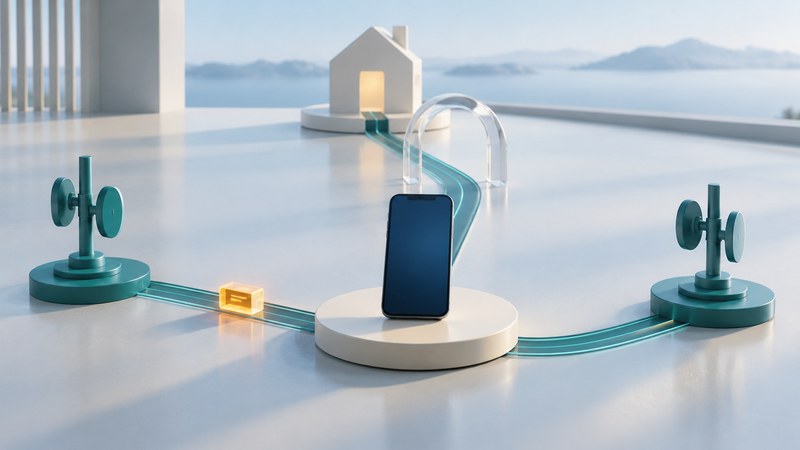 A navy phone between two teal network models, with paths leading to an ivory home gateway beneath a glass arch.