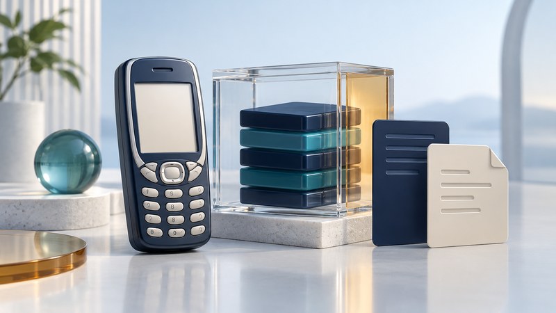 A feature phone beside translucent archive and descriptor panels.