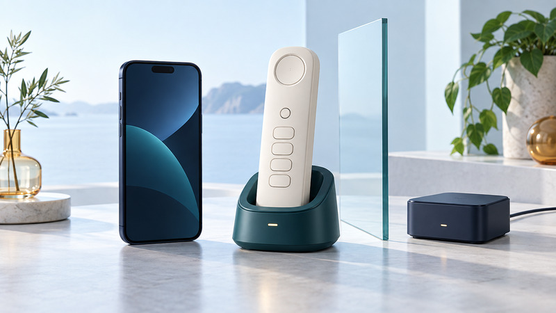 A navy smartphone beside an ivory cordless handset, teal base, and separate small adapter box.