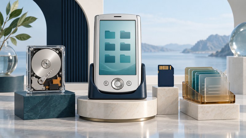 A stylus PDA, conceptual hard-drive cutaway, memory card and file tray stand on separate plinths.