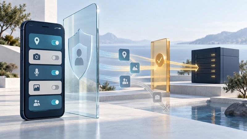 A smartphone shows permission symbols beside glass privacy panels and a server reached through an amber gate.