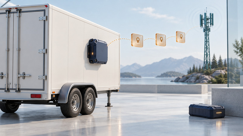 A navy tracker is mounted on an ivory trailer beside amber report tiles and a distant cellular mast.