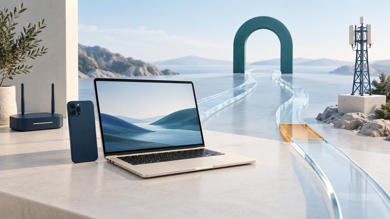 A laptop and phone sit between a router and cellular mast with glass paths leading toward a distant gateway.