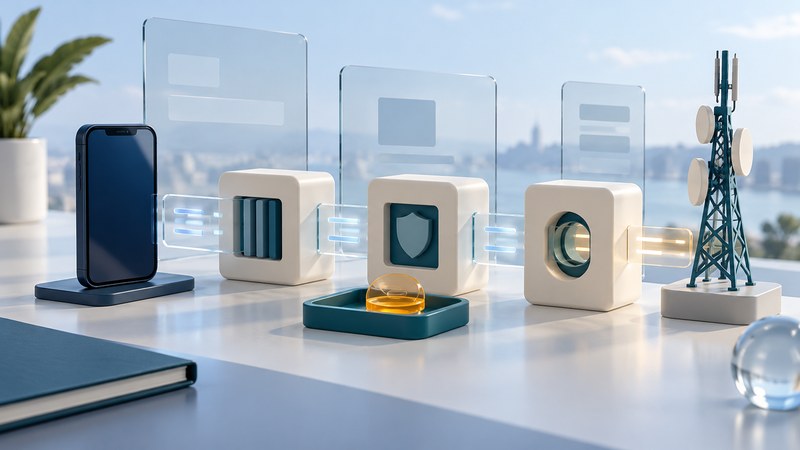 A phone, three ivory gateway blocks, an amber token, and a communications tower model illustrate a controlled network service exchange.