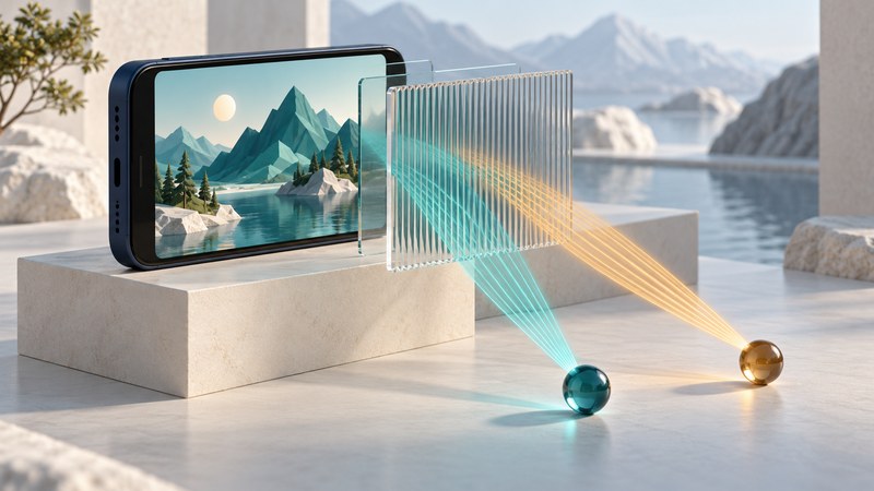 Phone display and enlarged optical layer directing teal and amber light toward two separate viewing-position markers.