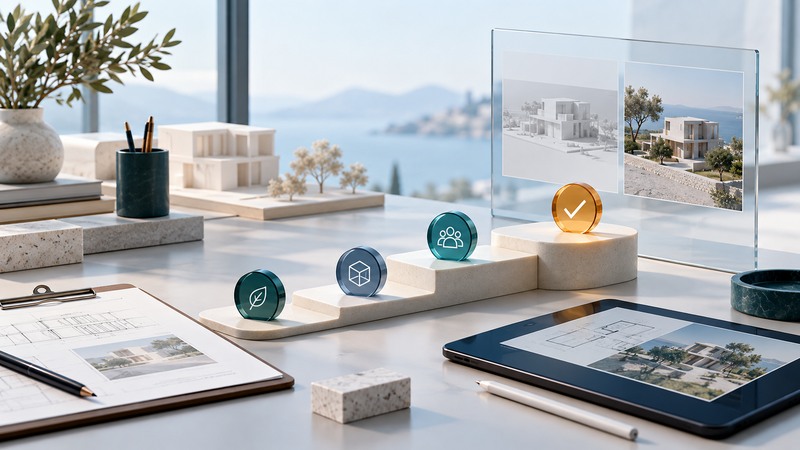 A clipboard and tablet sit beside a stepped path of task tokens and a glass comparison panel.