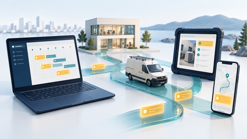A laptop, rugged tablet and phone surround a miniature office and service van connected by glass paths.