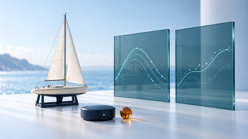 A complete sailboat model stands beside teal panels showing abstract curves, a sensor puck and an amber marker.