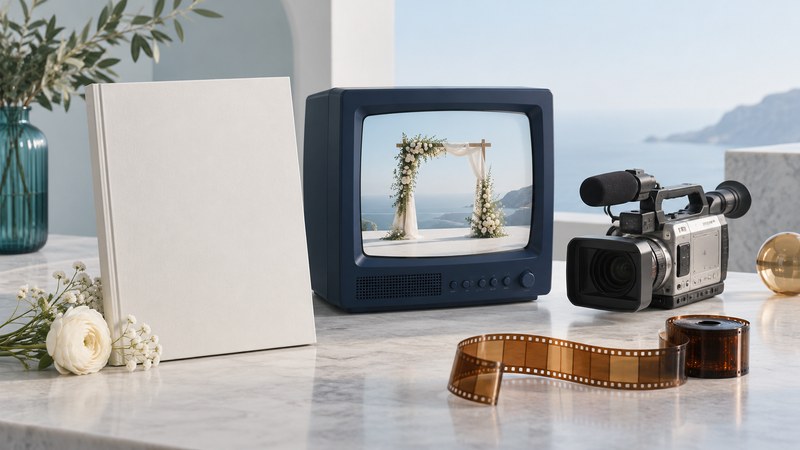 A blank magazine beside a box television displaying a wedding arch, a video camera and amber film.