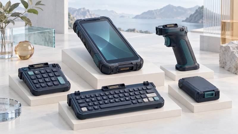 A rugged handheld body, two keypad modules, a trigger handle and a battery rest on individual plinths.