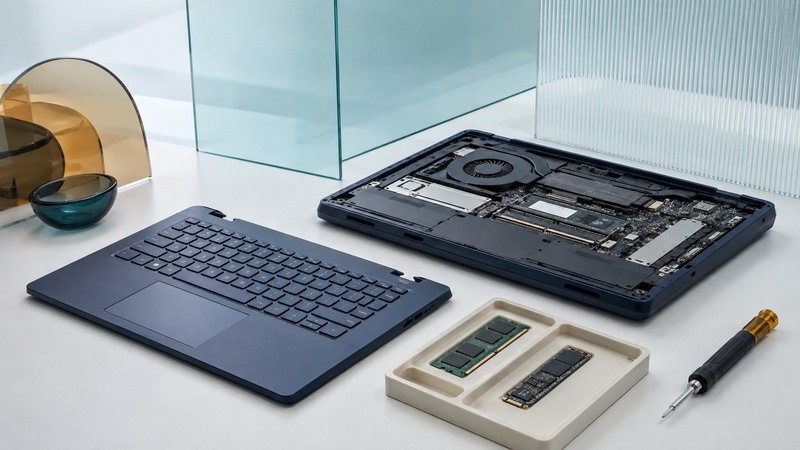 An opened laptop chassis and removed keyboard sit beside separate memory and storage modules.