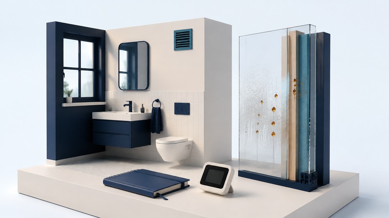 A miniature bathroom corner, window, ventilation grille, and separate glass moisture panel sit beside an inspection notebook.