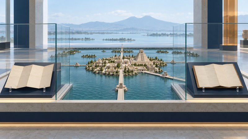 A stylized island city with a stepped temple stands beside two document panels on a museum plinth.