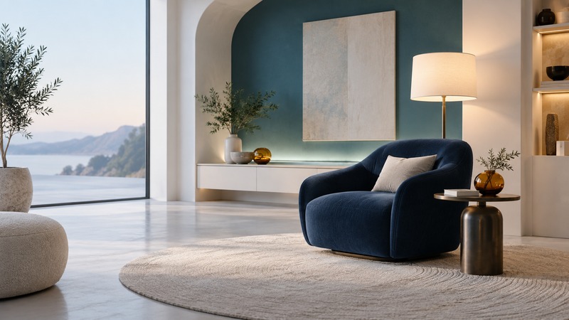 A navy reading chair beside a warm shaded lamp and a soft reflected wash of light on a teal wall.