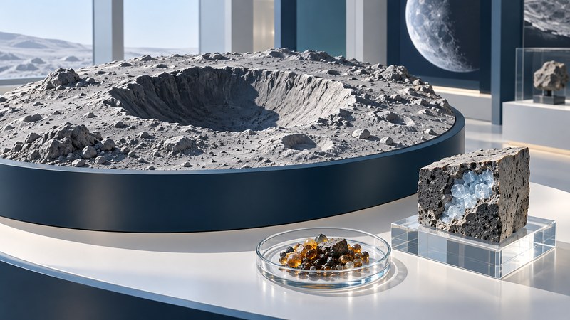 Lunar crater model, illustrative ice-bearing sample and amber volcanic glass beads.