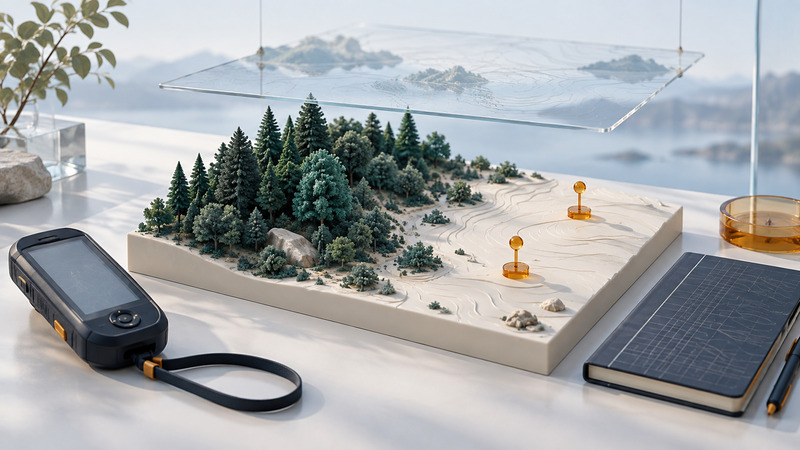 A mapping receiver and notebook sit beside a woodland terrain model with amber observation points.