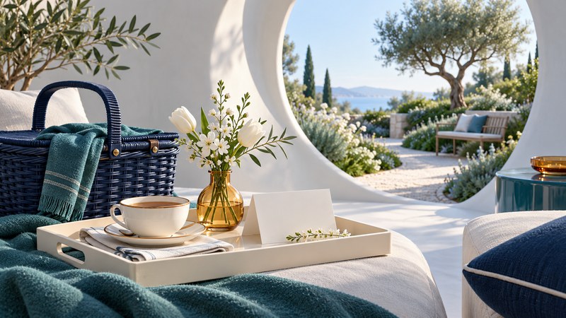 An ivory tea tray and blank card beside a navy picnic basket, with a quiet garden bench beyond.
