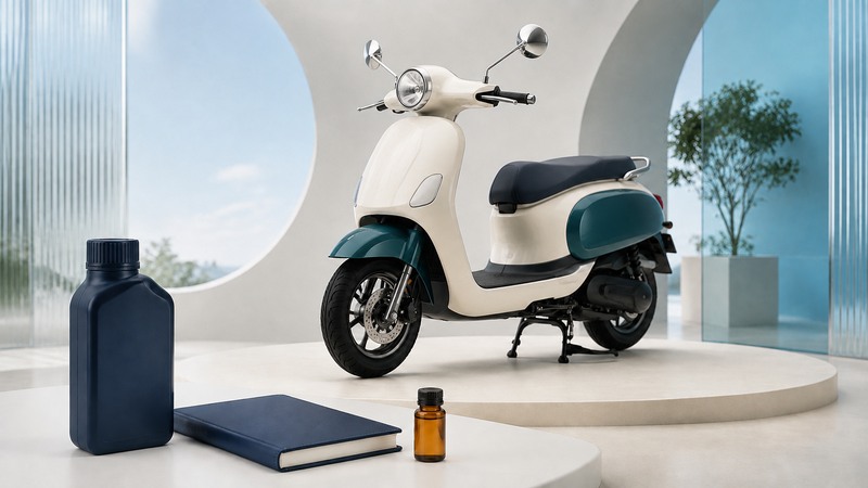 An ivory and teal scooter stands beside a blank oil bottle, closed manual, and amber sample vial.