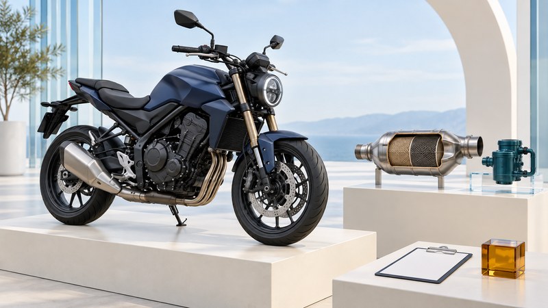 A navy motorcycle stands beside separate catalyst and fuel-system exhibits and a blank inspection clipboard.