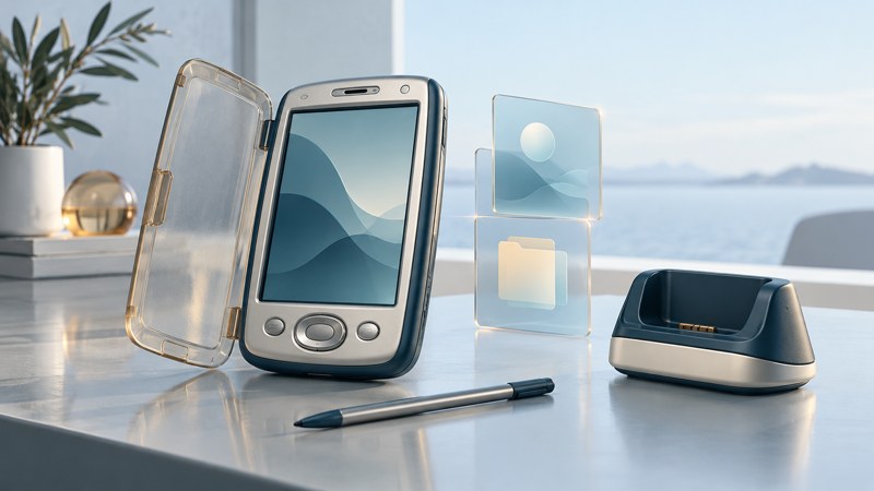 A conceptual early smartphone with a transparent flip cover and stylus stands beside glass software layers and a cradle.