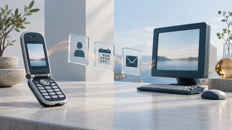 An early clamshell phone and desktop monitor with glass contact, calendar, and envelope panels between them.