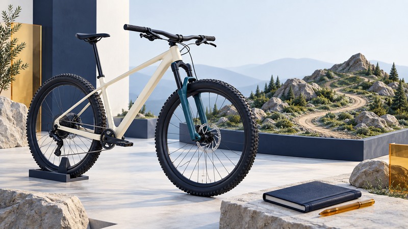 An ivory hardtail mountain bike with a teal fork beside a miniature trail landscape and a notebook.