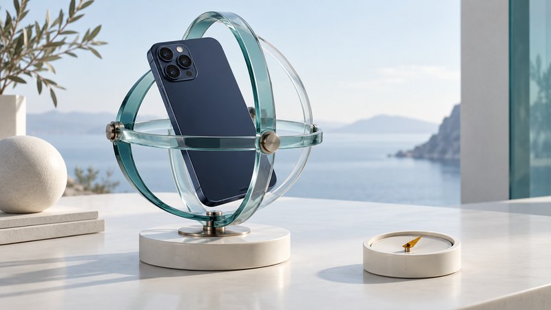 A tilted navy smartphone held in a sculptural glass gimbal beside an ivory compass with an amber needle.