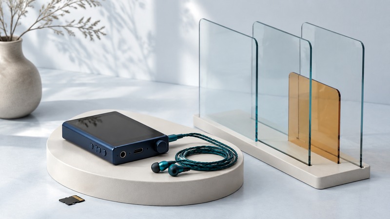 Navy portable music player with wired teal earphones, a memory card, and glass library dividers.
