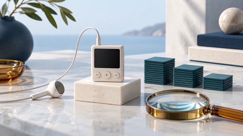A tiny ivory music player beside earbuds, a magnifying glass and glass library tiles.
