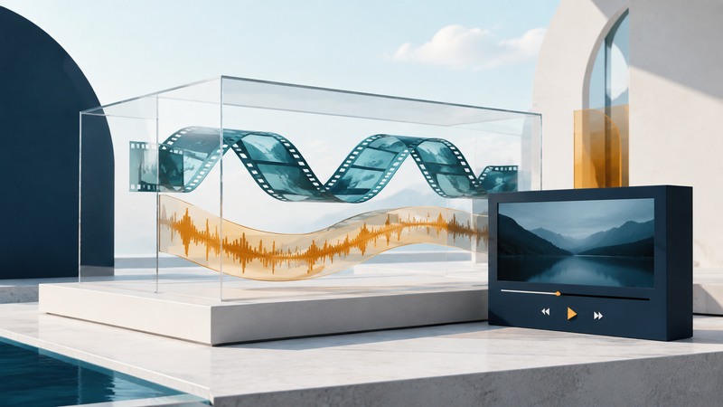 A transparent media container holds separate teal film and amber audio ribbons beside a playback display.