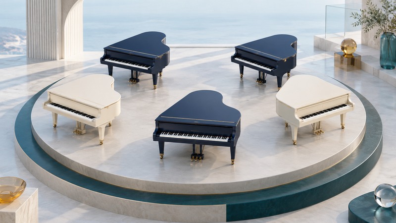 Five grand pianos arranged around an ivory platform with teal and amber architectural accents.